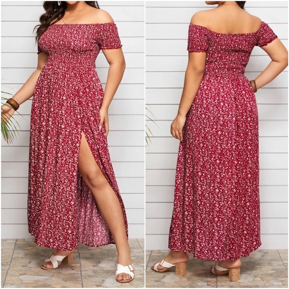 Plus Navy Blue Floral Print Off Shoulder Maxi Dress - Picture 4 of 5